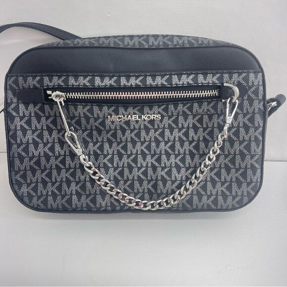 Michael Kors Chain Crossbody With Matching Wallet Silver Black Metallic Logo - Picture 4 of 12